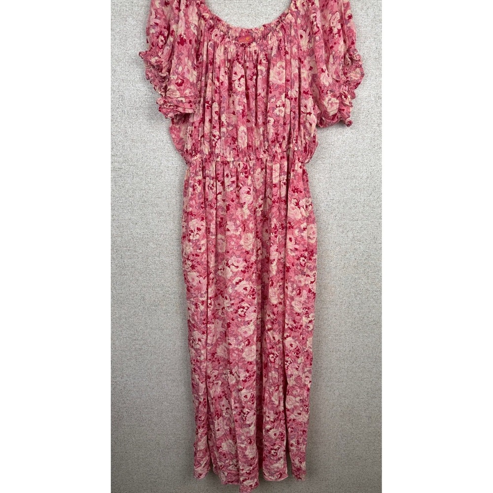 April Cornell Pink Floral Maxi Dress Peasant Puff Sleeve Cottagecore Pockets L